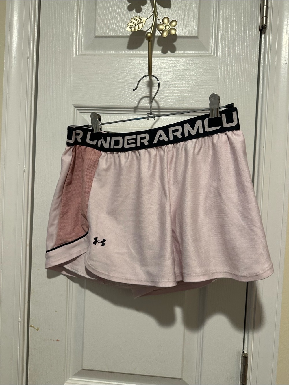 Under Armour Women's Light Pink Athletic Shorts with Black Waistband